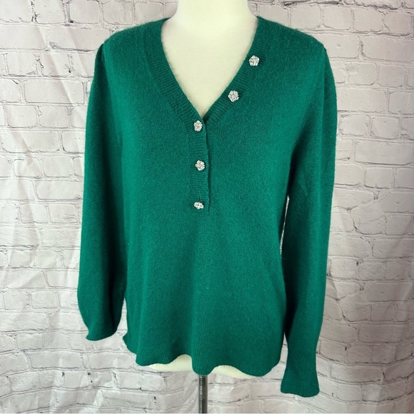 LOFT ann taylor petites Green V-Neck Sweater rhinestone bling buttons sz LP - Picture 1 of 8